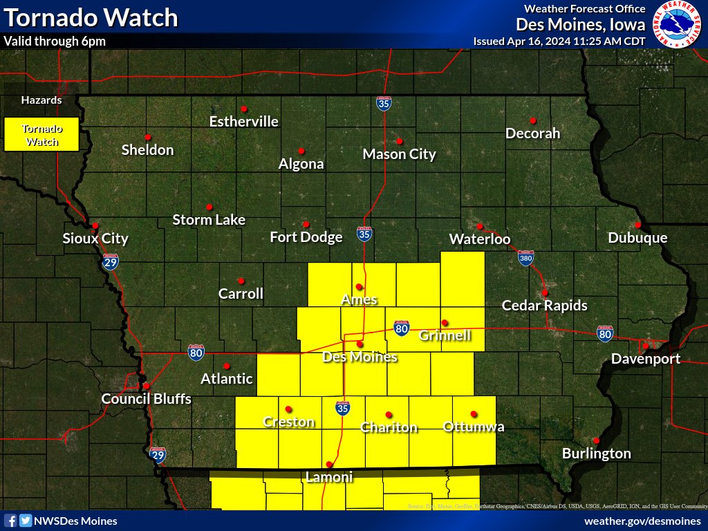 Here is the updated Tornado Watch area, remains valid through 6pm. #iawx #tornadowatch #severeweather