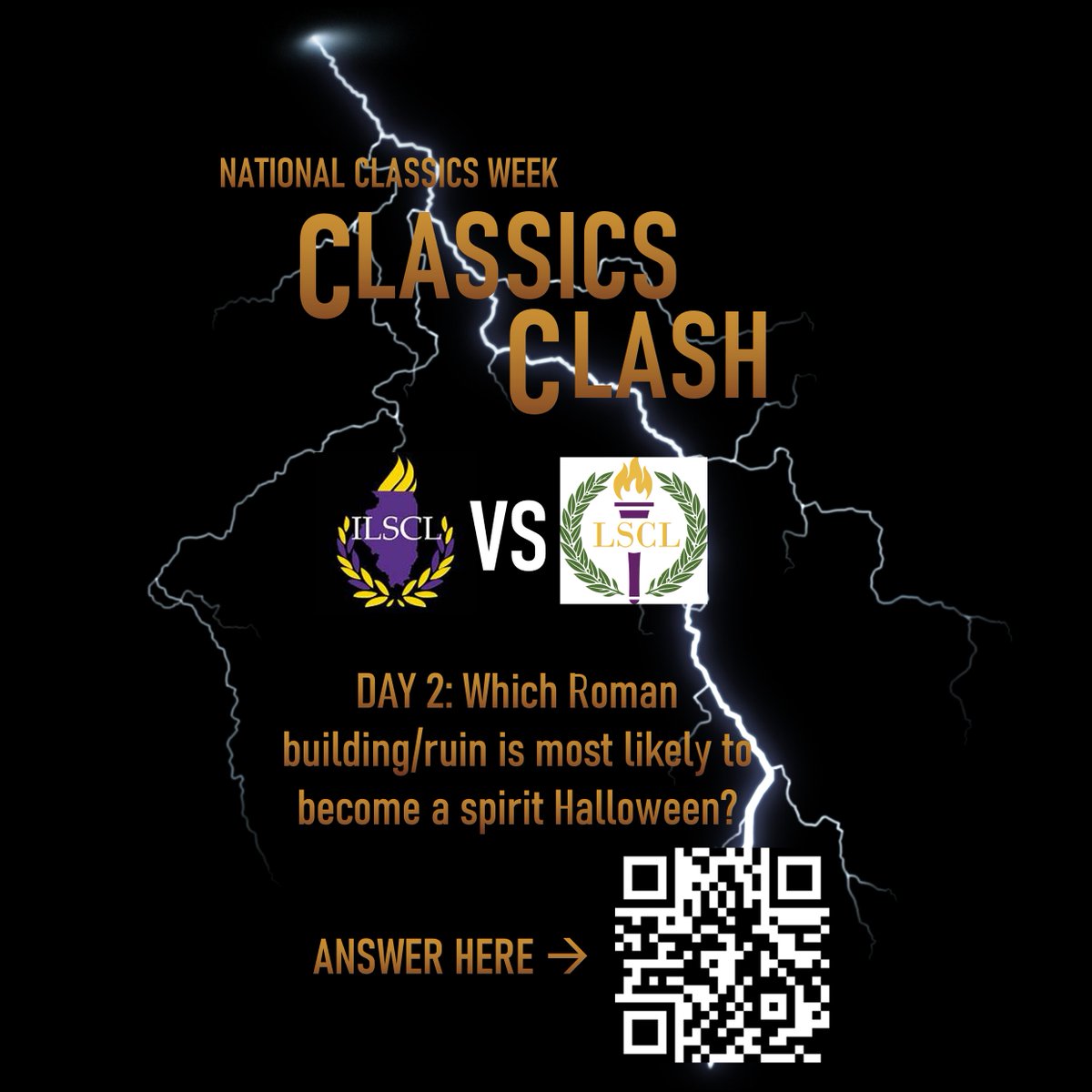 LouisianaSCL's tweet photo. Day 2 has arrived!

Which Roman building/ruin is most likely to become a spirit Halloween?

The survey is linked in our bio and on this QR code, so be sure to make your voice heard! And get ready to defend your answer this Saturday at our debate, and also play some silly games! https://t.co/ke5pAvOJ4g