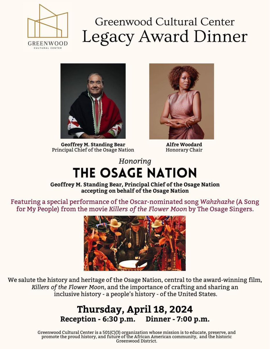 The Greenwood Cultural Center is honoring the Osage Nation on Thursday, April 18, at their Legacy Award Dinner. Honorary Chair is award-winning actress Alfre Woodard. Featuring a special performance of the Oscar-nominated song “Wahzhazhe (A Song For my People).”