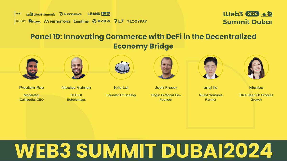 <a href="/summit_web3_/">Web3 Summit</a> I will be moderating a DeFi panel with web3 OGs.
#token2049dubai 
<a href="/Scallop_io/">Scallop</a> <a href="/OriginProtocol/">Origin Protocol</a> <a href="/okx/">OKX</a> <a href="/bubblemaps/">Bubblemaps</a> <a href="/QuillAudits/">QuillAudits</a>