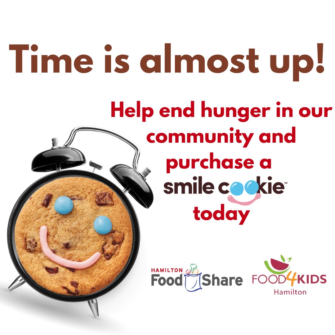 Time is running out! TODAY is the LAST DAY to get your #Smilecookies at @TimHortons in support of @HFShare and @Food4KidsHamOnt!
 
Don’t miss out! 😄🍪

#smilecookie #everysmilecounts #TimetoSmile #FeedtheHammer #MakeADifference