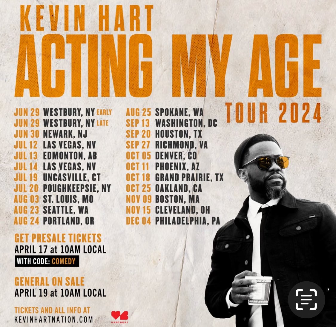 BREAKING NEWS!! Excited to announce my new tour ACTING MY AGE. New hour of stand-up you can’t miss. Presale starts tomorrow, Wednesday April 17 at 10AM local time with the code COMEDY before the general on sale Friday 10AM local. Tickets and all info at KEVINHARTNATION.COM