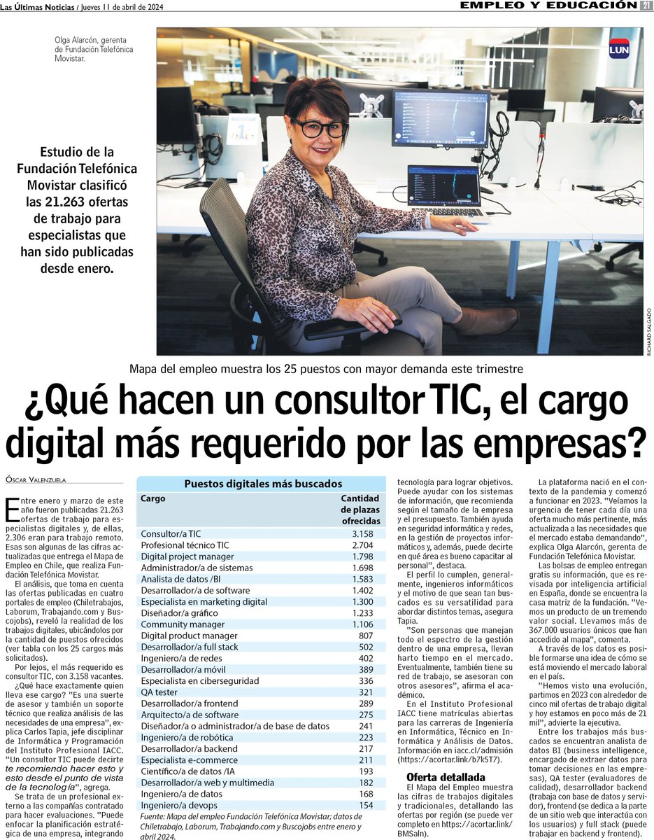 TelefonicaCL's tweet photo. 👨💻Lanzamos el #MapaDelEmpleo de @FTMovistarCL, que revela las profesiones digitales más demandas en Chile.
➡️Olga Alarcón, Gerenta de la Fundación, dijo: "queremos orientar y capacitar a las personas en los desafíos del mercado".
Revisa la nota de @LUN: https://t.co/GkMbSiu5Sg https://t.co/WdUXCbNpp1