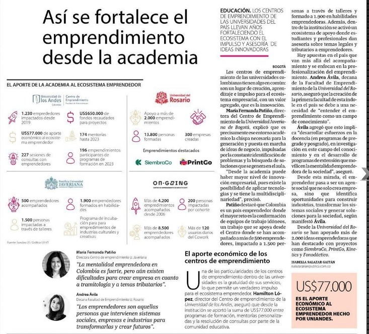 En el #DiaMundialDelEmprendimiento nuestra directora <a href="/mfpatino/">Maria F. Patino</a>  comparte cómo se fortalece el emprendimiento desde la academia.

¡Te invitamos a leer la nota completa y a conocer un poco más sobre el ecosistema emprendedor! 🚀

Link nota: n9.cl/nsd8b

<a href="/UniJaveriana/">Pontificia Universidad Javeriana</a>
