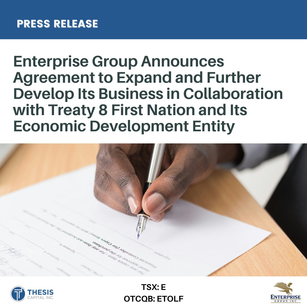 Press Release: @EnterpriseGrp | $E $E.TO $ETOLF

Enterprise Announces #Agreement to Expand and Further Develop Its #Business in #Collaboration with #Treaty8 #FirstNation and Its #Economic Development Entity

PR Link: tinyurl.com/4zwkkrnk