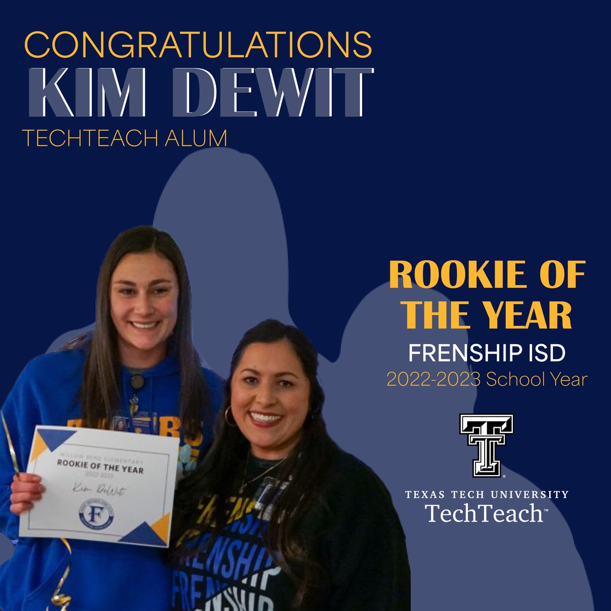 TTUEducation's tweet image. Congrats to #TechTeach alum Kim Dewit on being named Frenship ISD Rookie Teacher of the Year!