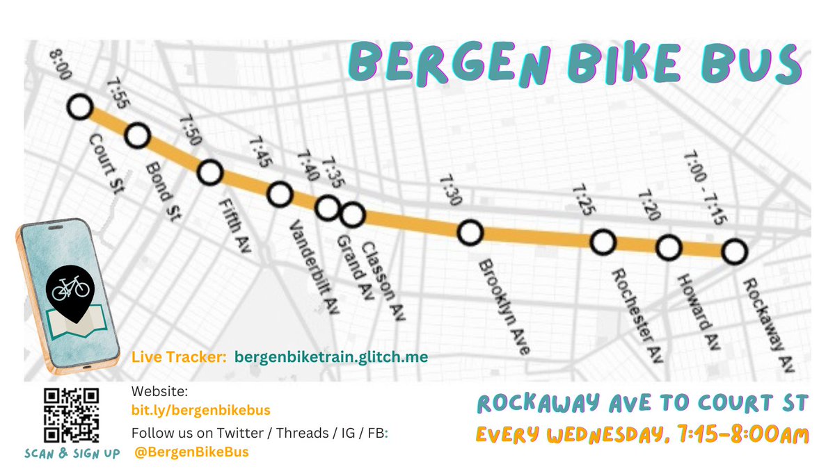 Join us at the start of the route (at Thomas Boyland - one block West of Rockaway Ave) or along the way. Live tracker: bergenbikebus.glitch.me See you in the AM 🌎 Let's roll! ✨🚲