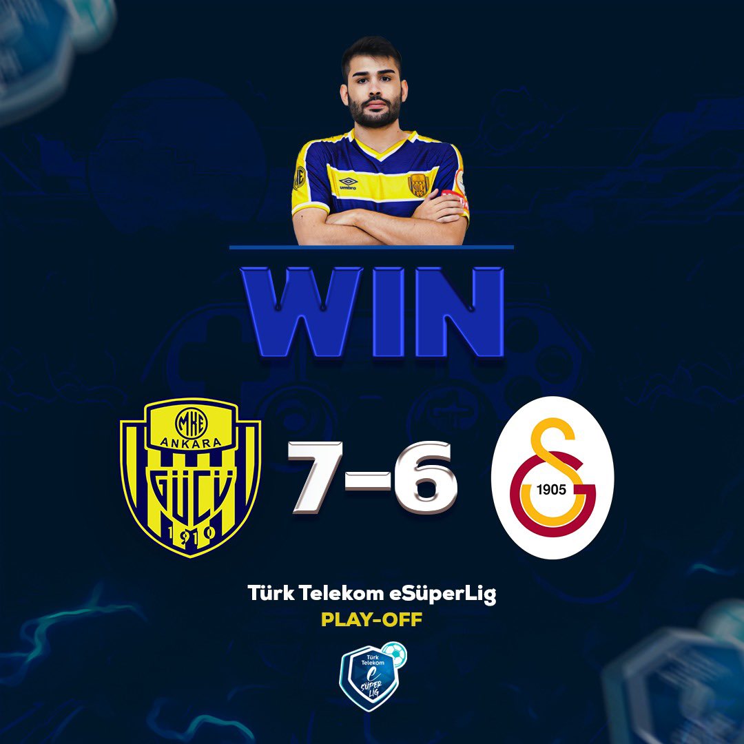 Türk Telekom eSüper Lig playoff 2. Tur karşılaşmasında Galatasaray’ı toplamda 7:6 yenerek adımızı yarı finale yazdırıyoruz. 💛💙 @ankaragucu @turkcan_ulutas