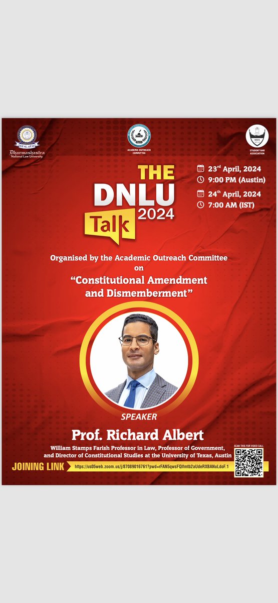 We are delighted to inform you that the upcoming @DNLUofficial TALK organised by the Academic Outreach Committee will be delivered by @RichardAlbert (William Stamps Farish Professor in Law,Professor of Government and Director of Constitutional Studies at the University of Texas)