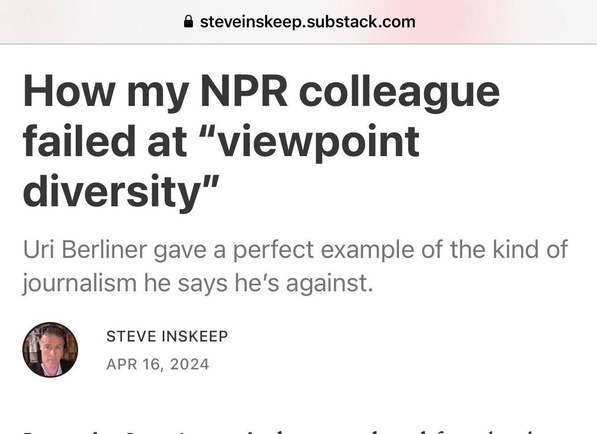 An NPR journalist can take to substack and criticize his colleague and won't be suspended. NPR suspended Berliner saying he did not get approval to publish with another outlet, just so we're all clear about why he was really suspended.