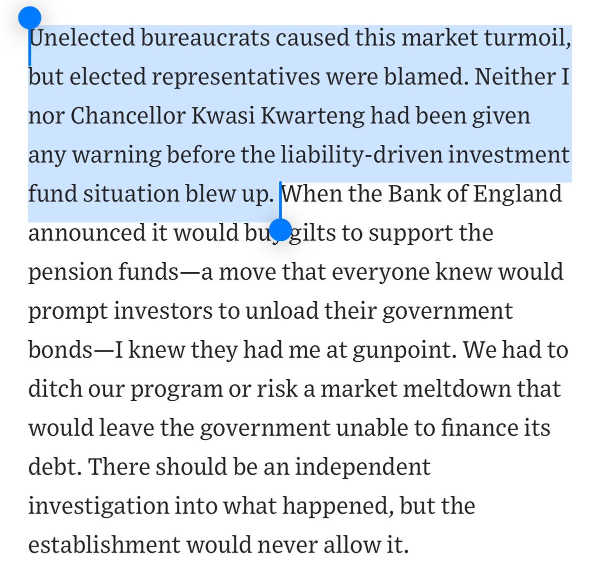 Truly insane article in which former UK prime minister alleges the deep state intentionally sabotaged the country’s economy to undermine her, and that they will do the same to Trump