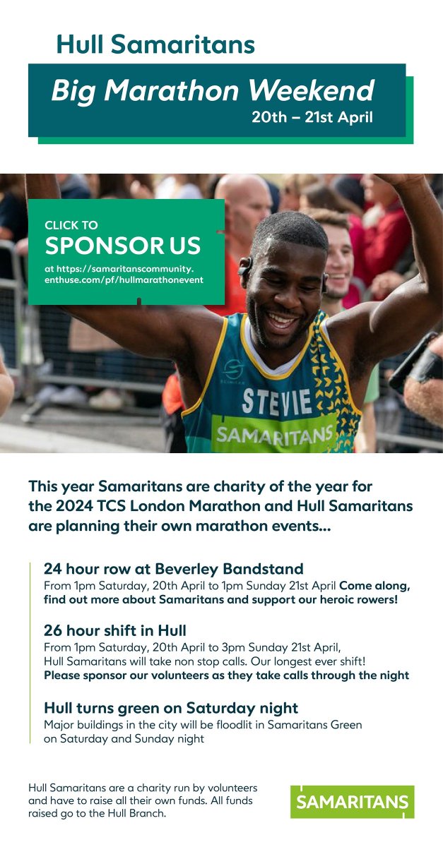 Only 4 sleeps until our 26 hour shift @hullsamaritans. Please sponsor our volunteers during the Marathon weekend. samaritanscommunity.enthuse.com/pf/hullmaratho… #Share #FreeSupport #116123 #WeCare