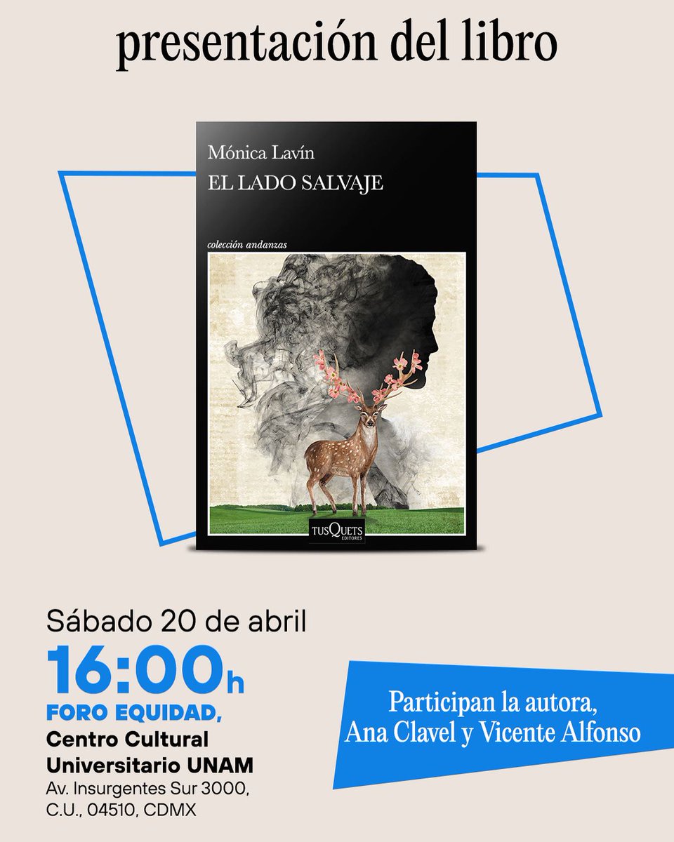 El sábado, en la Fiesta del Libro y De la Rosa, en la UNAM, tendré el privilegio de presentar 'El lado salvaje', el más reciente libro de Mónica Lavín @mlavinm . Los comentarios estarán a cargo de @anaclavel99 y un servidor. Allá nos vemos.