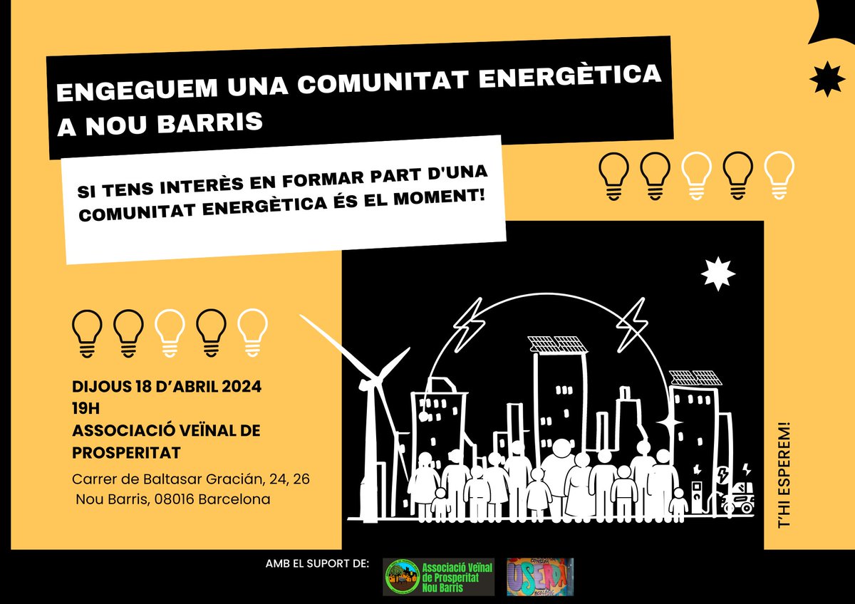 Vius a Nou Barris i vols formar part d'una Comunitat Energètica?

T'esperem a la presentació de la que s'està engegant 

📍 Associació Veïnal de Prosperitat / Carrer de Baltasar Gracián 24-26

⏰ Dijous 18 d'Abril 2024, a les 19:00h