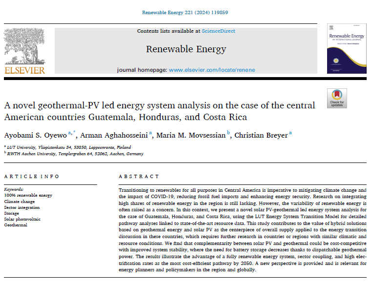 1/ New research @UniLUT & @RWTH doi.org/10.1016/j.rene… demonstrates a PV-geothermal hybrid-led energy system analysis on the case of Central American countries. Low-cost solar PV and geothermal in a cost optimum is a novelty.