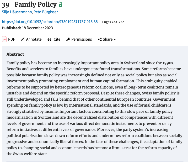 In our chapter, @SiljaHausermann and I explore the evolution and stratified nature of 🇨🇭family policy from a comparative angle and discuss the role of decentralization, direct democracy and political polarization. 📖OUP: doi.org/10.1093/oxford… 📄Preprint: retobuergisser.com/publication/ou…