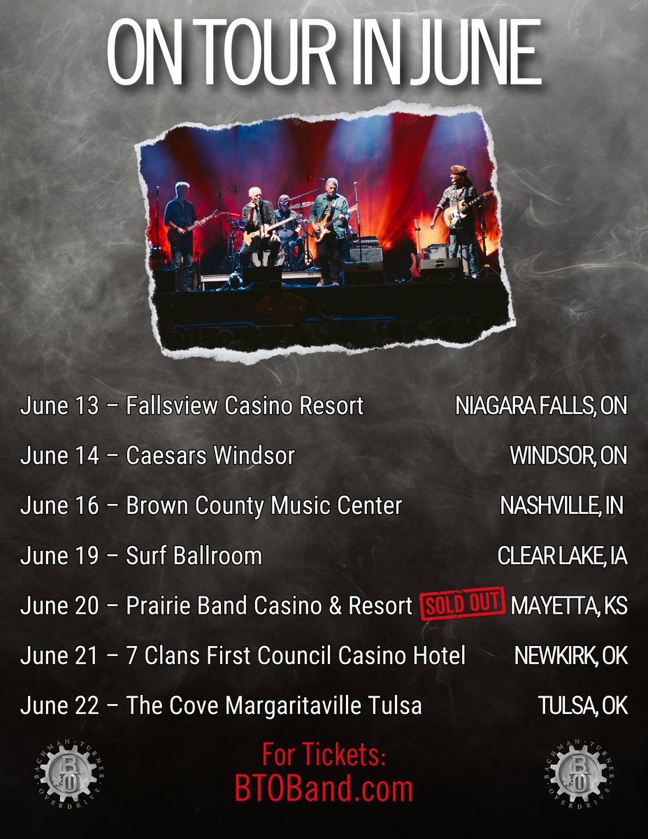 BTO hits the road in June! We kick off this leg with our first 2 shows in Canada and then we roll through Midwest USA! All shows are on sale NOW, so go to btoband.com to get your tickets! Don't delay, grab your seats today!