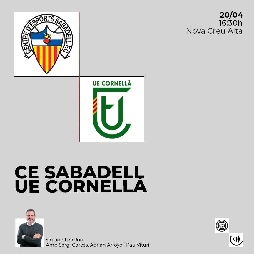 Alguna cosa més que una final: ⚽️ @CESabadell - @ue_cornella 🏟️ Nova Creu Alta 📅 Dissabte 20 d'abril 🕟 16:30h 🎙️ #SabadellEnJoc 📻 94.6 FM ▶️ radiosabadell.fm/reproductor