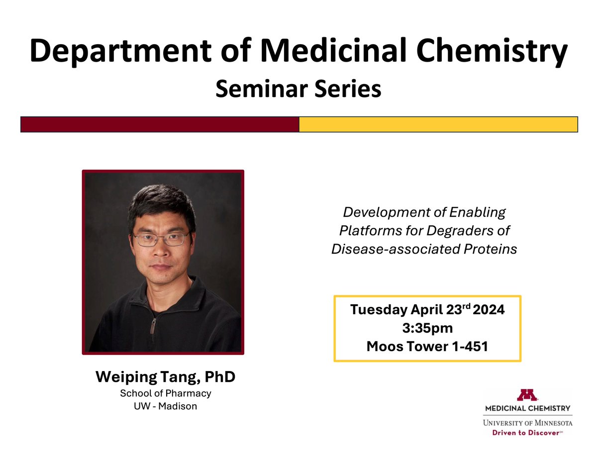 Tomorrow, we are hosting Weiping Tang from the University of Wisconsin-Madison to give a Distinguished Lecture: 'Development of Enabling Platforms for Degraders of Disease-associated Proteins' 📅: Tuesday, April 23rd ⏰: 3:35pm CST 📍: Moos Tower 1-451 @tang_weiping