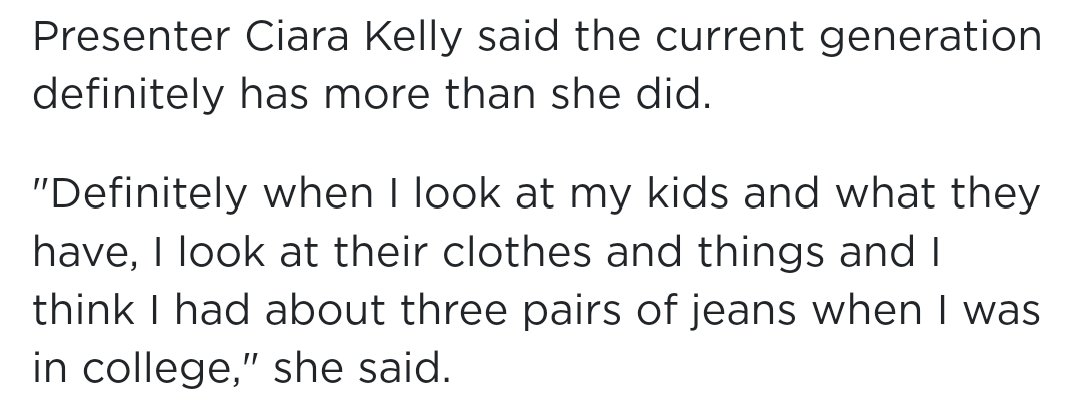 Ah yes, the amount of jeans I have totally makes up for being stuck in #GenerationRent. I'd gladly give up the mod cons of today to have the basic needs met. Something the 'haves' in Newstalk can't seem to grasp.