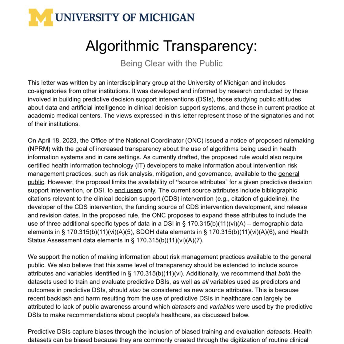 I have been an advocate of better transparency in AI reporting for research (ahajournals.org/doi/full/10.11…) and the broader public (medicine.umich.edu/dept/lhs/news/…). Really appreciated the opportunity to contribute to the new TRIPOD+AI guidelines to address the “how”: bmj.com/content/385/bm…