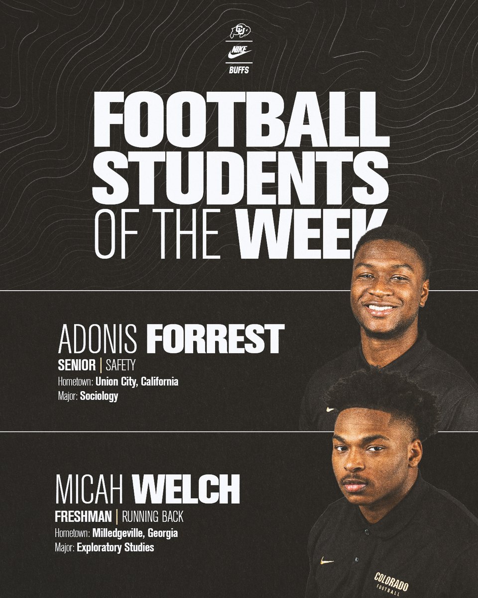 CUBuffsFootball's tweet photo. Football Students of the Week: @AdonisForrestjr &amp; @Micahwelch20 ✏️

#GoBuffs https://t.co/5yYfKlkARH