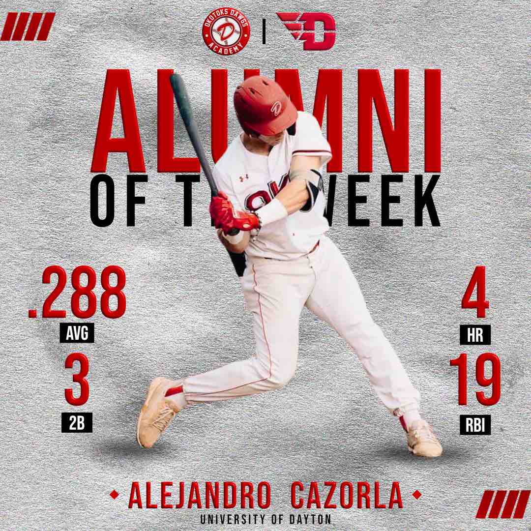 Congratulations to Alejandro Cazorla on being named our alumni of the week! Cazorla is currently in his sophomore year with the Flyers batting .288 with 3 doubles, 4 HR and 19 RBI. Keep it up, Alejandro! #dawgs #collegebaseball #ncaa #d1 #dayton #flyers