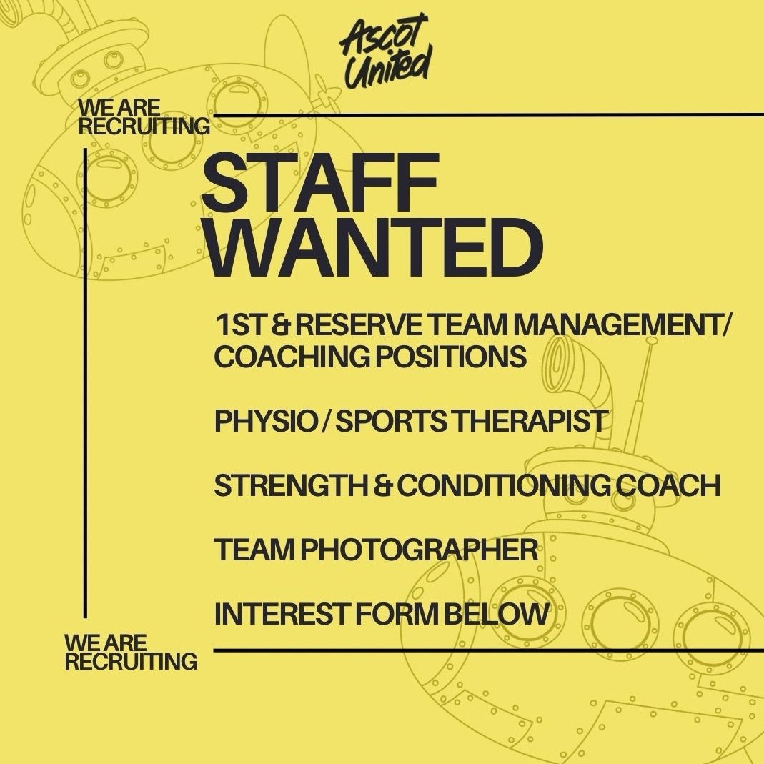 🚨 Ascot United Women have positions available for the 2024/25 season🚨

1st &amp; Reserve team Management/Coaching positions
Physio/Sports Therapist 
Strength &amp; Conditioning Coach
Photographer 

📝 To register, please complete the form in the link below ⬇️

forms.office.com/Pages/Response…
