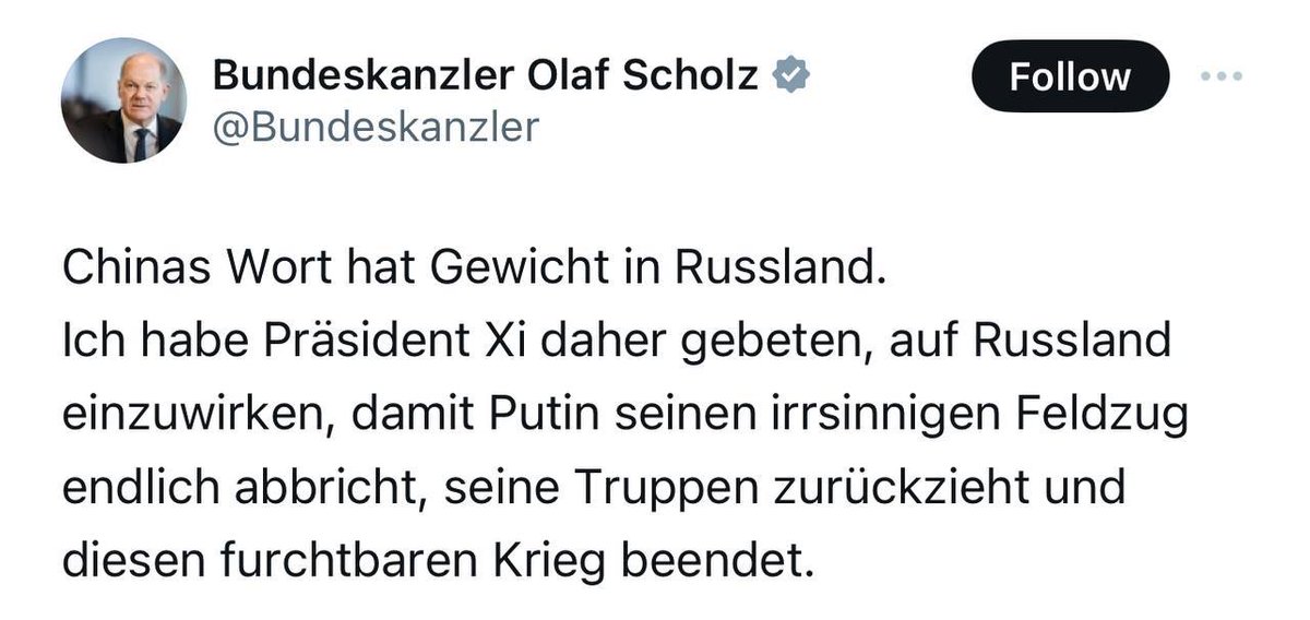 Scholz traveled to China to ask Xi Jinping to ask Putin to end the war. Seriously? Europe seems to be doing very badly. And of course they already know that the United States is coming out of this war. And this is their right decision. Scholz: 'The word of China has weight in…