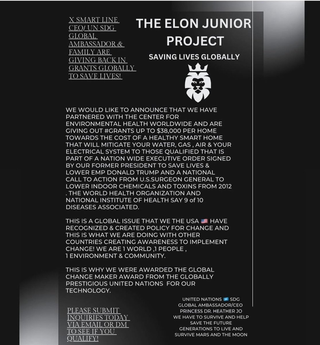 New Name! “THE ELON JUNIOR PROJECT” AVAILABLE NOW! Our  #legacy to the #world 🌎 The #future @UN SDG Global Ambassador #ussurgeongeneral #NATIONALCALLTOACTION #EXECUTIVEORDER #GRANTS FOR HEALTHY SMART 🏨 SOME #INSURANCE WILL COVER & 100% #taxdeductible xhealthysmartline@yahoo.com