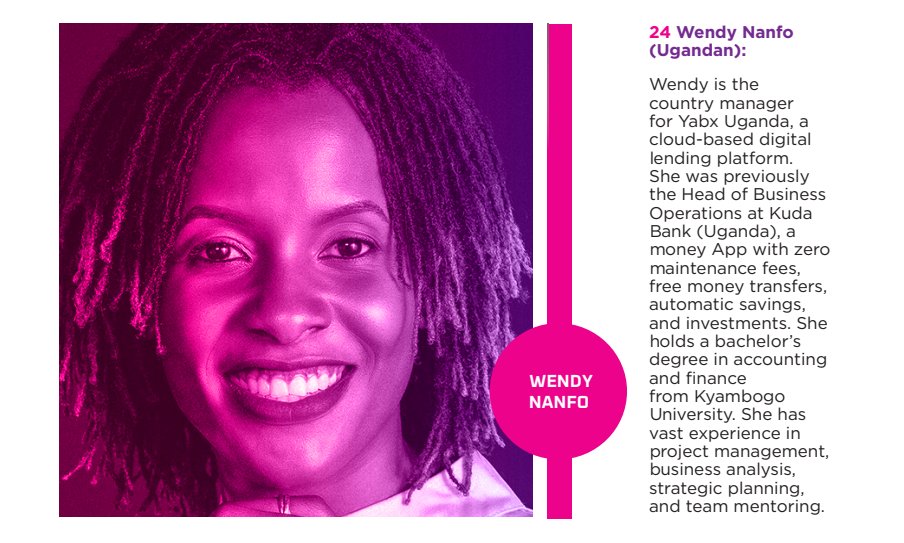 2024 Top 100 #WomenInFinTech 👇👇 24. @nanphour (Ugandan): Wendy manages Yabx Uganda and was previously with Kuda Bank (Uganda). She holds a degree in accounting and finance and has experience in project management and strategic planning. | shorturl.at/gkpY4…