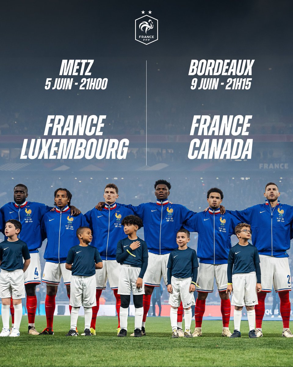 Les Bleus will play 2️⃣ matches to prepare for the start of EURO 2024 in June 🙌 🆚 𝗟𝗨𝗫𝗘𝗠𝗕𝗢𝗨𝗥𝗚 🇱🇺 🗓 5 June in Metz 📍 🆚 𝗖𝗔𝗡𝗔𝗗𝗔 🇨🇦 🗓 9 June in Bordeaux 📍 #FiersdetreBleus