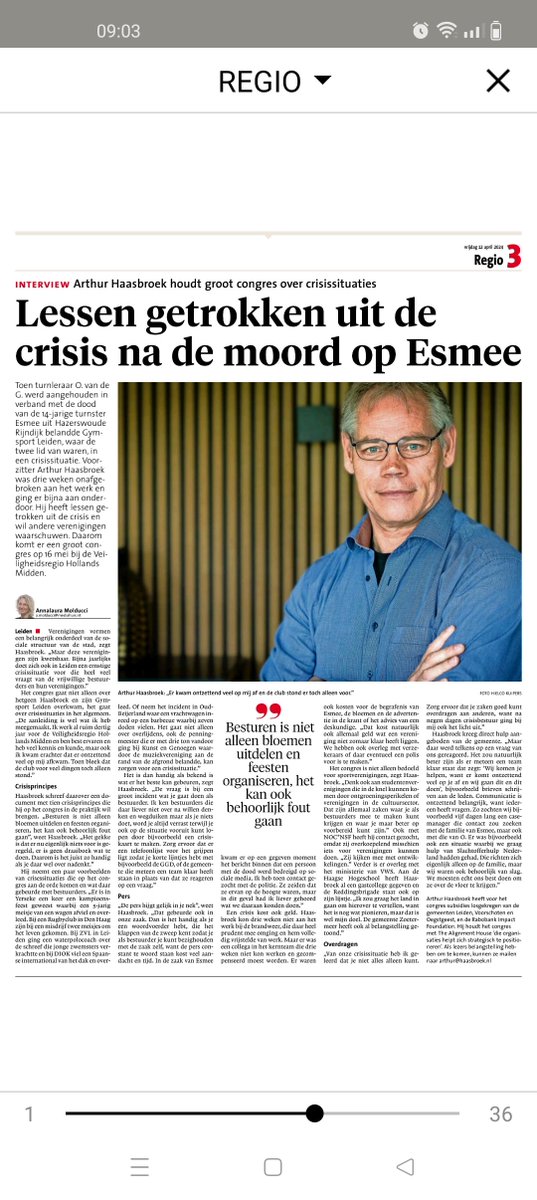 Een enorm dramatische gebeurtenis kan je als vrijwillige (sport)bestuurder overkomen. 
Dus wees voorbereid op een crisis. Ervaringsdeskundige 
<a href="/ArthurHaasbroek/">Arthur Haasbroek</a> organiseert hierover een congres. Interessant voor iedere vrijwillige (sport)bestuur
(Uit 't Leidsch Dagblad 12/04/24)