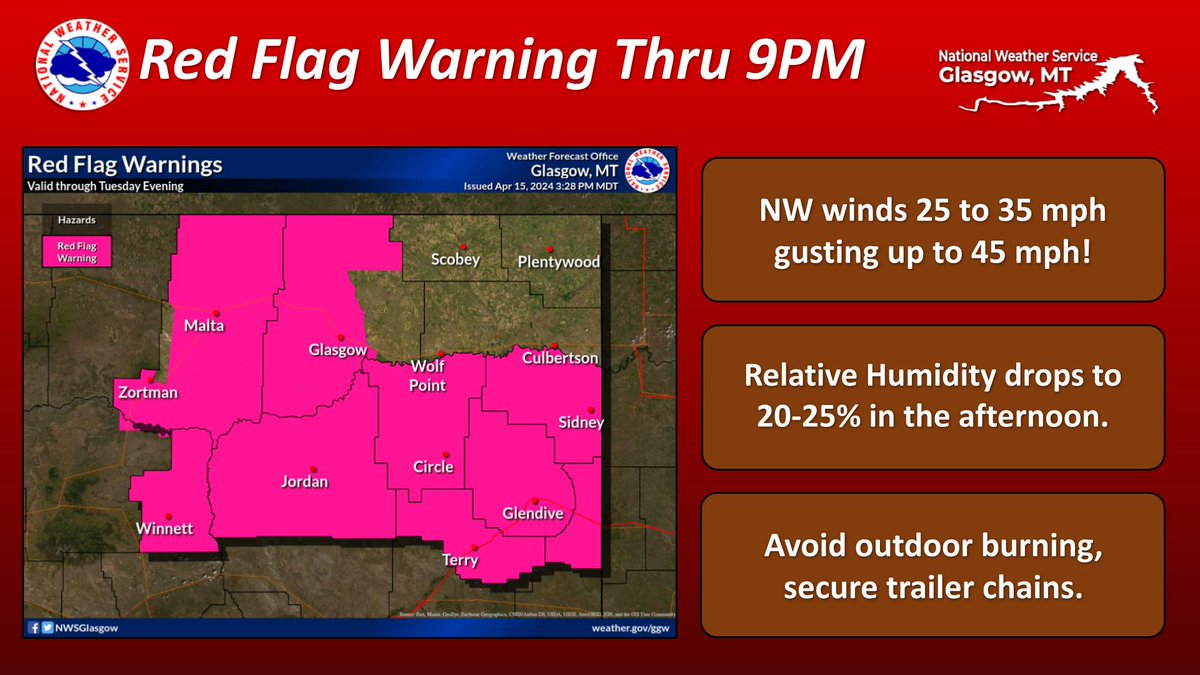 🚩Red Flag Warnings🚩 have been issued today, Tuesday, April 16, in Montana with very dry conditions and wind speeds up to 35 miles per hour gusting up to 45 mph. 

🚫Avoid burning at this time and take additional precautions when traveling to prevent sparking a wildfire!