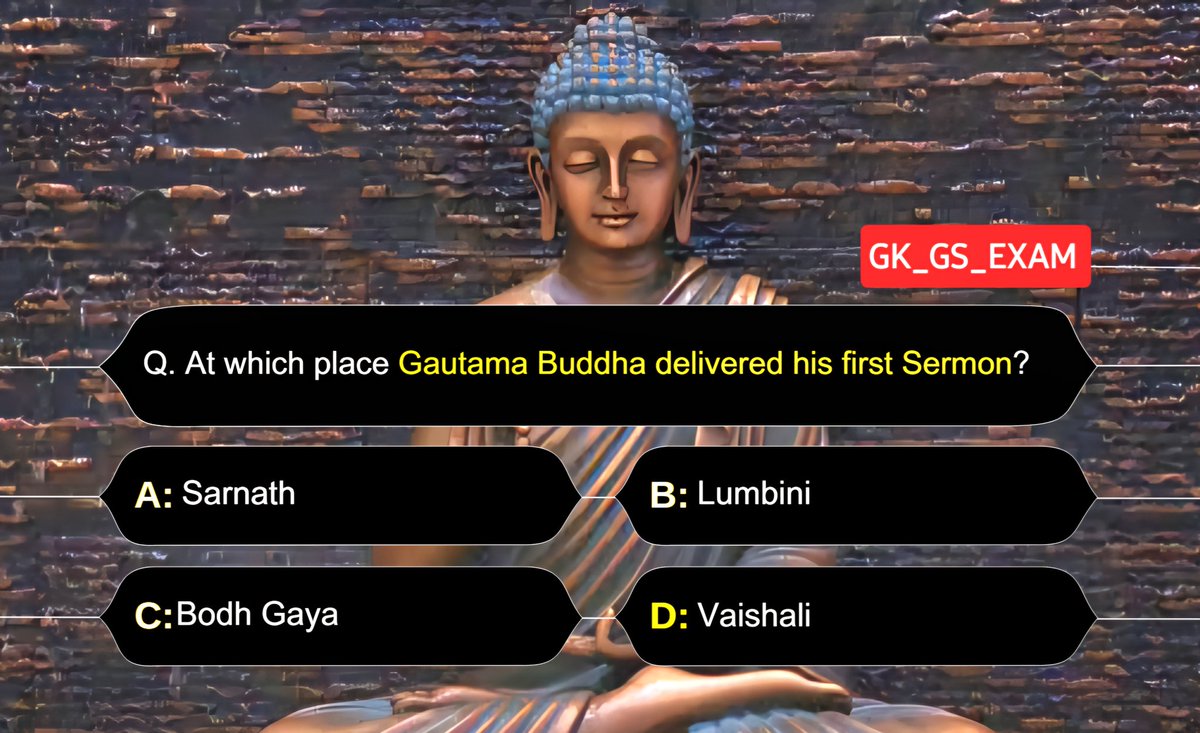 At which place Gautama Buddha delivered his first Sermon?
A: Sarnath
B: Lumbini
C: Bodh Gaya
D: Vaishali
#UPSC #UPSC2024 #UPSC2023 #upscresult #UPSCPrelims2024 #AIR1