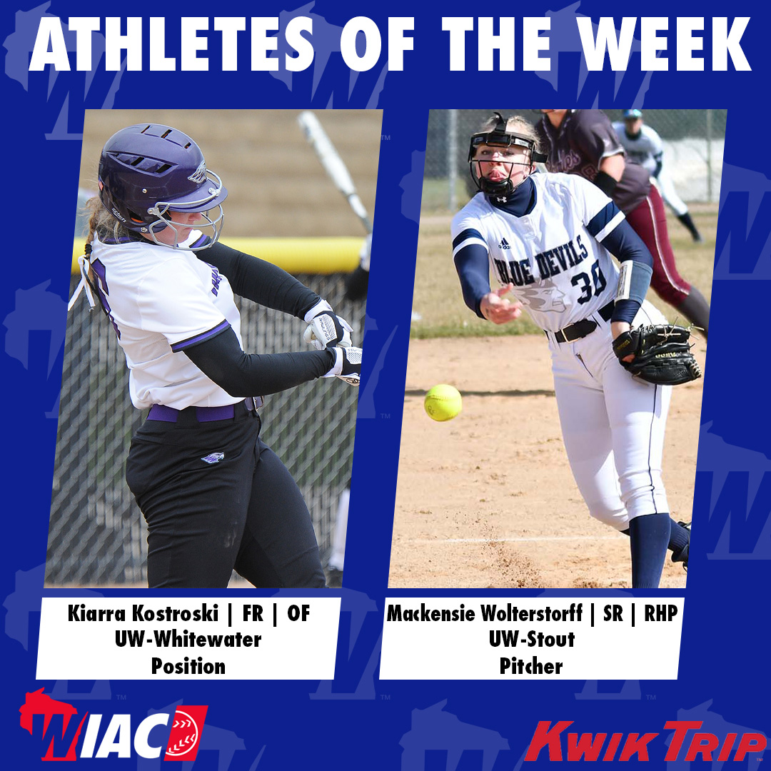 #WIACSB | @UWWAthletics Kostroski and @stoutbluedevils Wolterstorff Selected Kwik Trip Athletes of the Week: bit.ly/3vQEd6Z

#ExcellenceInAction
#d3sb
