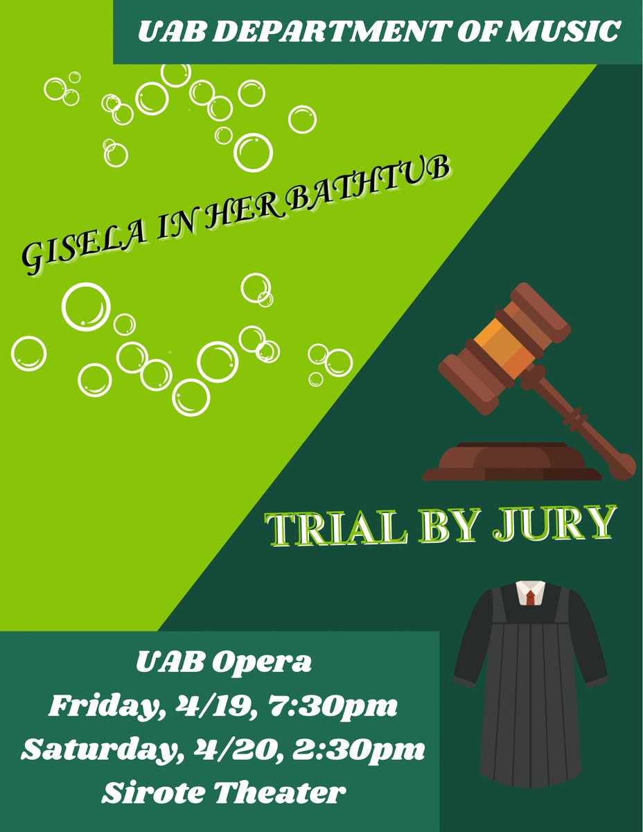 Witness the award-winning UAB Opera's return to the Alys Stephens Center's Sirote Theatre with 'Gisela in Her Bathtub' & 'Trial By Jury' April 19-20 - with full lights, tech, costumes + orchestra! Get tix: 205-975-2787 or my.alysstephens.org/events?k=opera