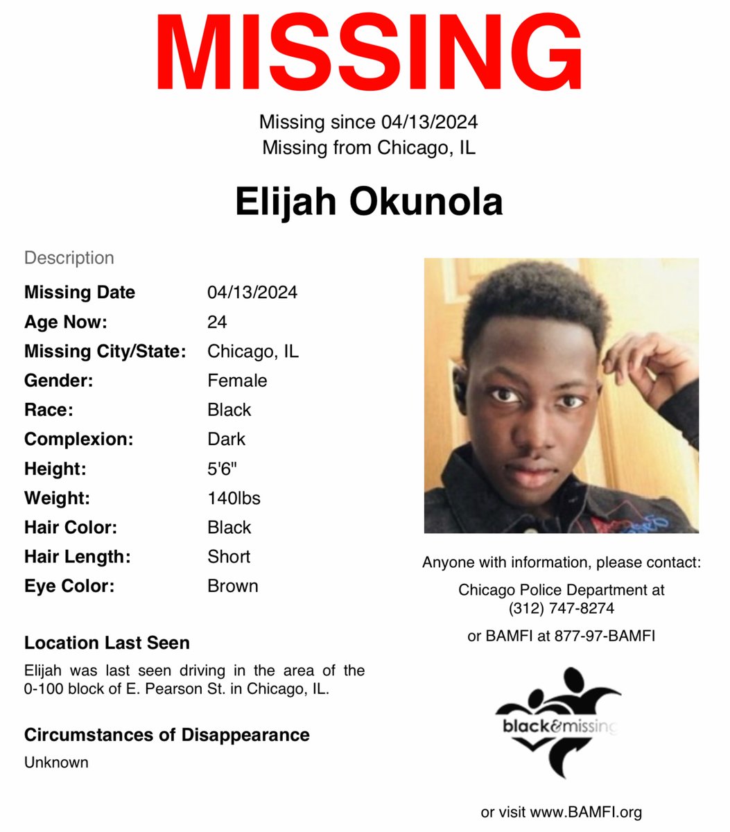 #Chicago, #Illinois: 24y/o Elijah Okunola #missing since April 13. Elijah is a delivery driver frequently seen in the Hyde Park & Downtown/Loop areas. He was last known to have been driving in the area of the 0-100 block of E. Pearson St. Have you seen Elijah? #ElijahOkunola