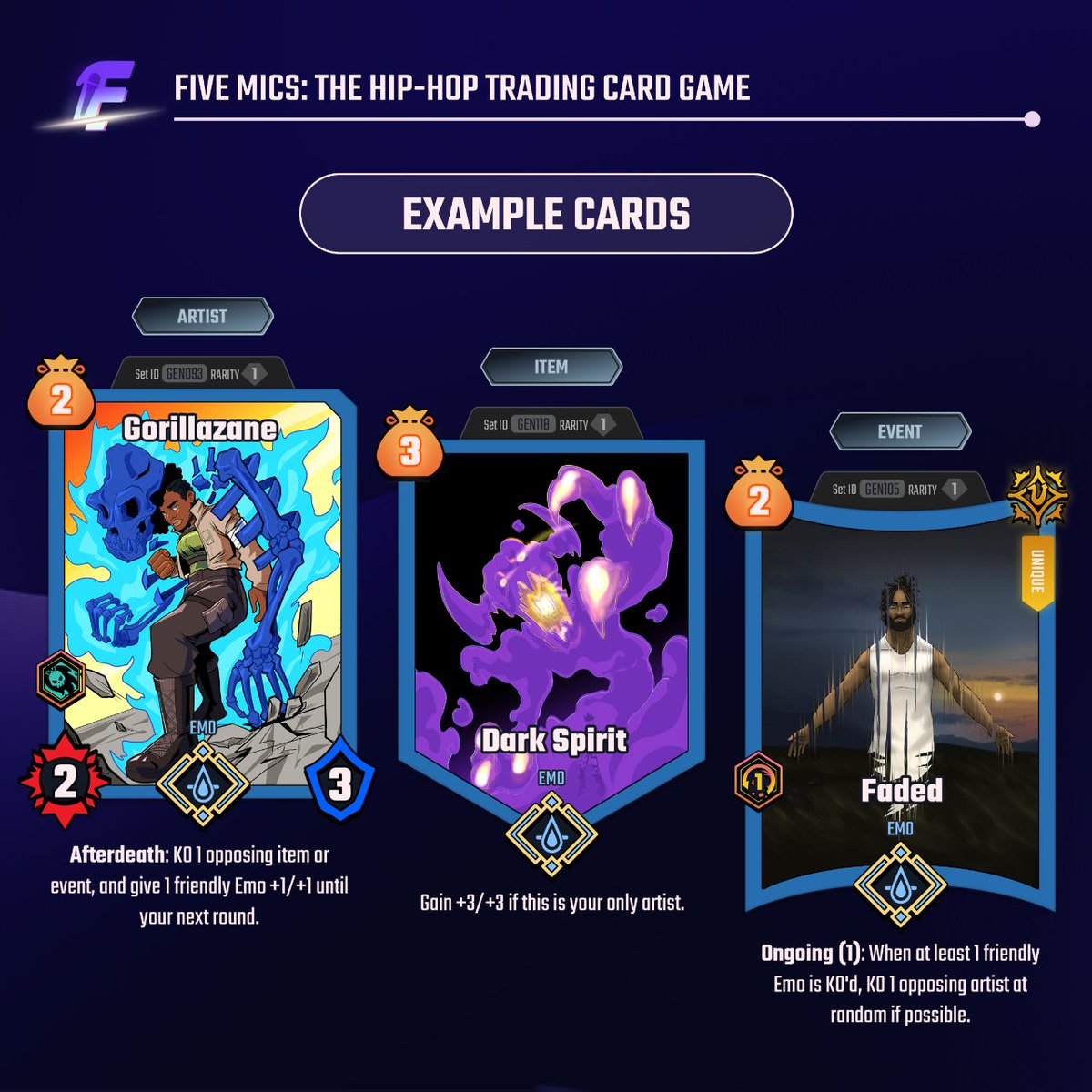 FiveMicsTCG's tweet photo. If you like runnin' solo, then Emo is the play style for you!
Most players donโt want their artists to be KOโd. But for Emo, thatโs where your TRUE strength lies - life after death! Your opps will have to think twice before attacking.
#tcg #fivemicstcg #hiphopgaming #mobilegame https://t.co/TZxoMjPbHM
