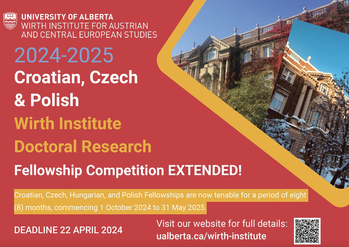 Our 2024/2025 Croatian, Czech, and Polish Doctoral Fellowship Competition deadlines have been EXTENDED until April 22nd!
Embark on a transformative academic journey unlike any other with the Wirth Institute's doctoral fellowship program and apply now!

ualberta.ca/wirth-institut…