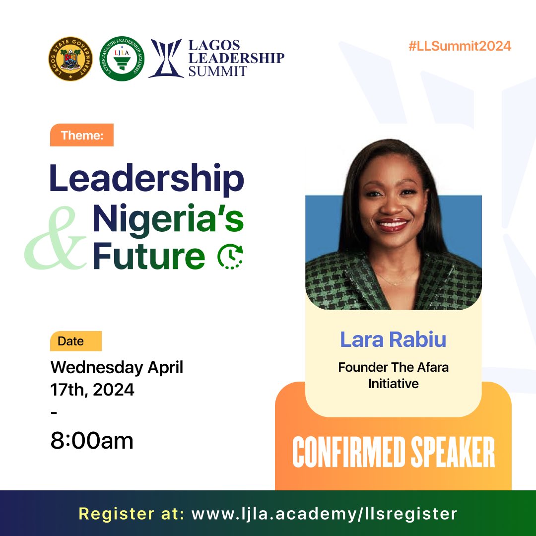 We are thrilled to announce LARA RABIU, the Founder of Afara
Initiative, as a confirmed speaker for the Lagos Leadership Summit!
 
Be prepared for inspiring exchanges and enlightening reflections.

#LLSummit2024
#LagosLeadershipSummit