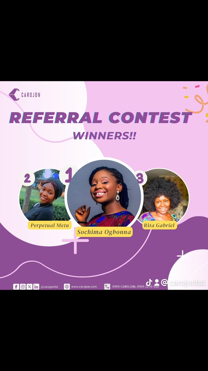 Carojonltd's tweet photo. Drumroll please... The Carojons referral contest winners are here!

🏆Ist position:    Sochima Ogbonna
🥇2nd position: Perpetual Metu
🥈3rd position:  Rita Gabriel 

 #awka #excellentservices #JoinCarojon #topprofessionals #TopProfessionals #referralcontest #win #unizik #nigeria https://t.co/wfPQ1Yg4tV