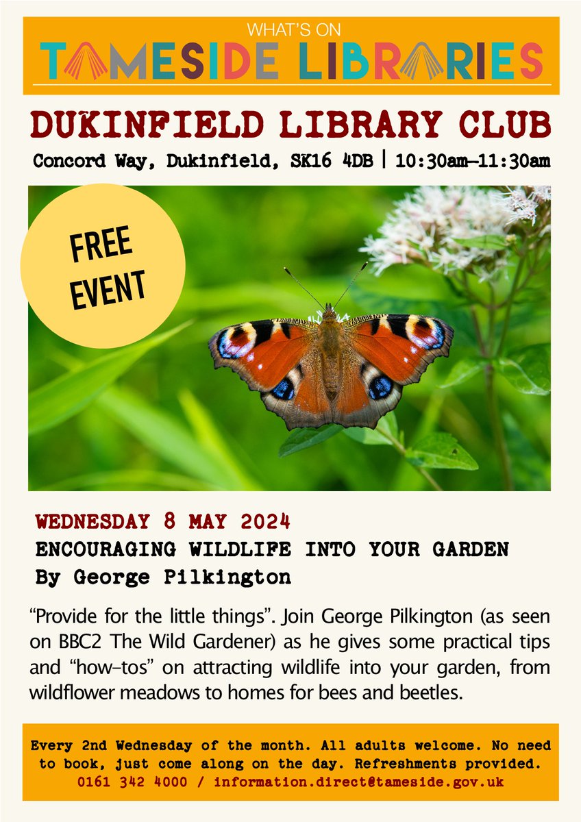 As summer draws near it's great to get outside and enjoy nature. At our next Dukinfield Library Club, we'll be getting some practical tips on 'Encouraging Wildlife into Your Garden' to bring nature to us! Wednesday 8th May, 10:30-11:30am. #FreeEvent