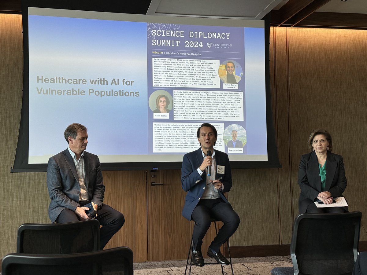 #ArtificialIntelligence offers tremendous potential to reshape #pediatrichealth to reach vulnerable populations. Dr. Marius George Linguraru led a fireside chat and strengthened scientific ties at @JHUBloombergCtr’s Science Diplomacy Summit.