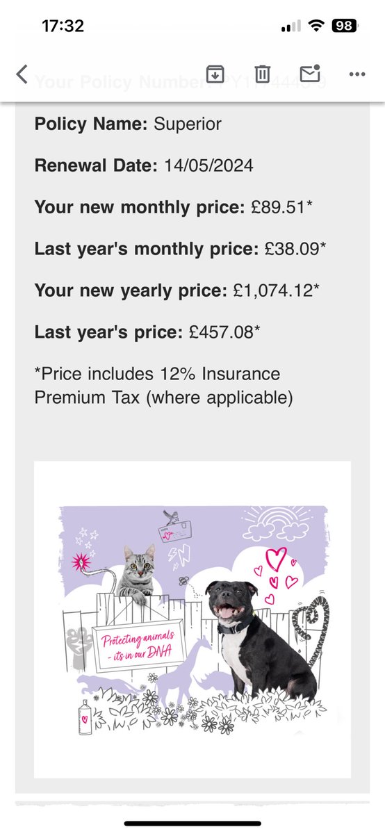 QuiggMary's tweet photo. @animal friends how is this pet insurance increase affordable- from £38 to £90 a month as well as increasing excess too https://t.co/JCPWjRzKSp