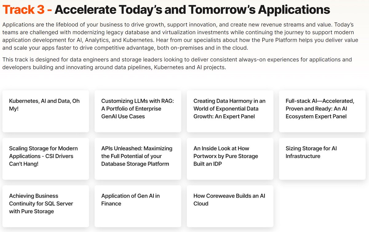 The @PureStorage Pure//Accelerate 2024 user conference is coming in June. There will be a track on Today's and Tomorrow's Business Applications including #Analytics and #AI topics: purestorage.com/accelerate.html #PureStorage 
⬇️
The AI track has the following content…
