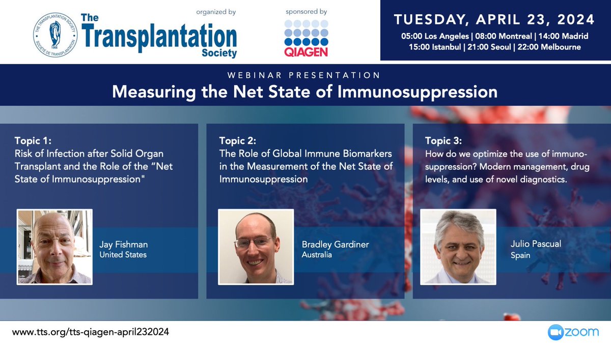 🌟Webinar next Tuesday on 'Measuring the Net State of Immunosuppression' with 🗣️ Maricar Malinis, Jay Fishman, Bradley Gardiner, and Julio Pascual. Don't miss this webinar! Learn more 👉 tinyurl.com/474p7faw 🗓️Tuesday, April 23 at 8 am (ET)
