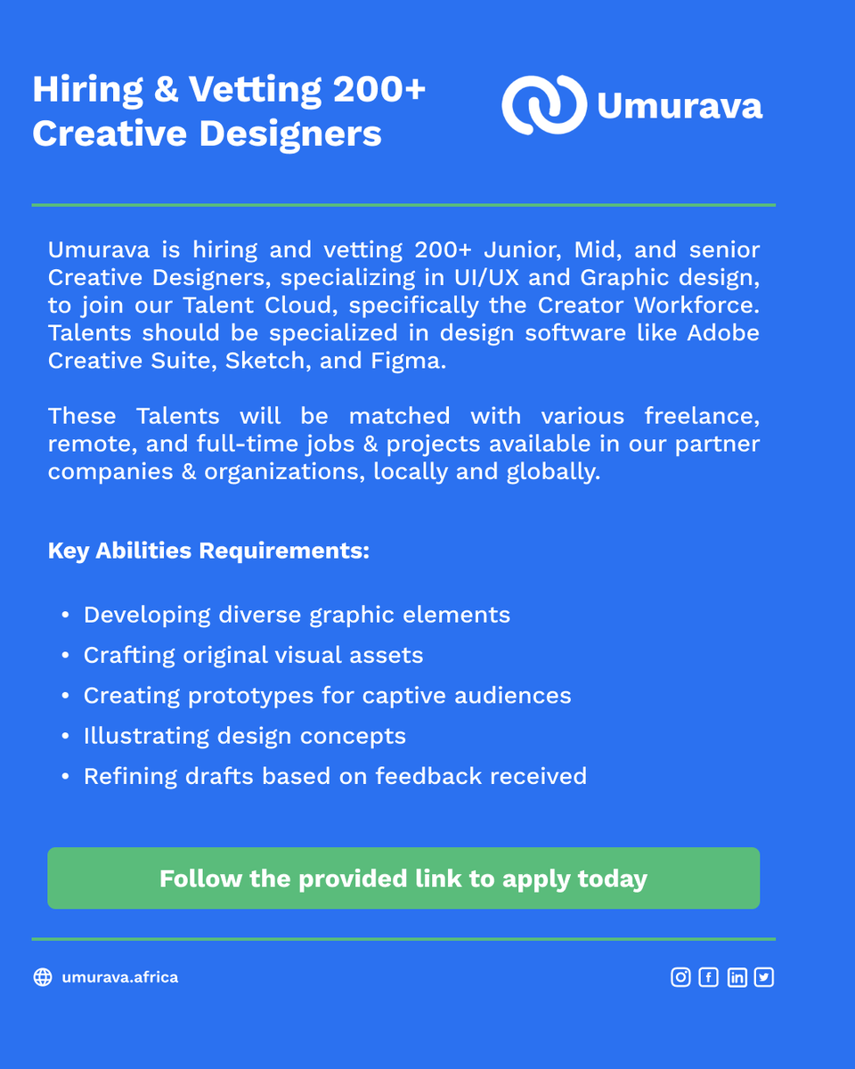 🚨Hiring Creative Designers🚨

We are hiring 200+ Junior, Mid, and Senior Passionate and Creative Designers to join our Talent Cloud and get ready for thousands of available job opportunities on our platform.🥳 

Apply Today: forms.gle/HHRYdvUksMXbXS…

#Hiring #Creative #Designer
