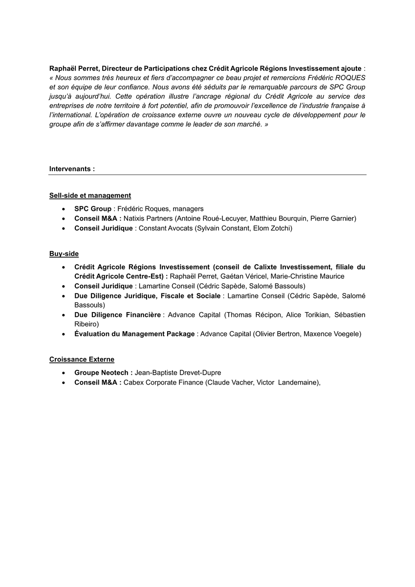 [#INVESTISSEMENT]
📣Carvest #CapitalInvestissement entre au capital de SPC Group, spécialisé dans la fabrication de machines et d'équipements pour l'industrie pharmaceutique, dans sa nouvelle phase de développement.
#PrivateEquity <a href="/CreditAgricole/">Crédit Agricole</a> ➡️media.licdn.com/dms/document/m…