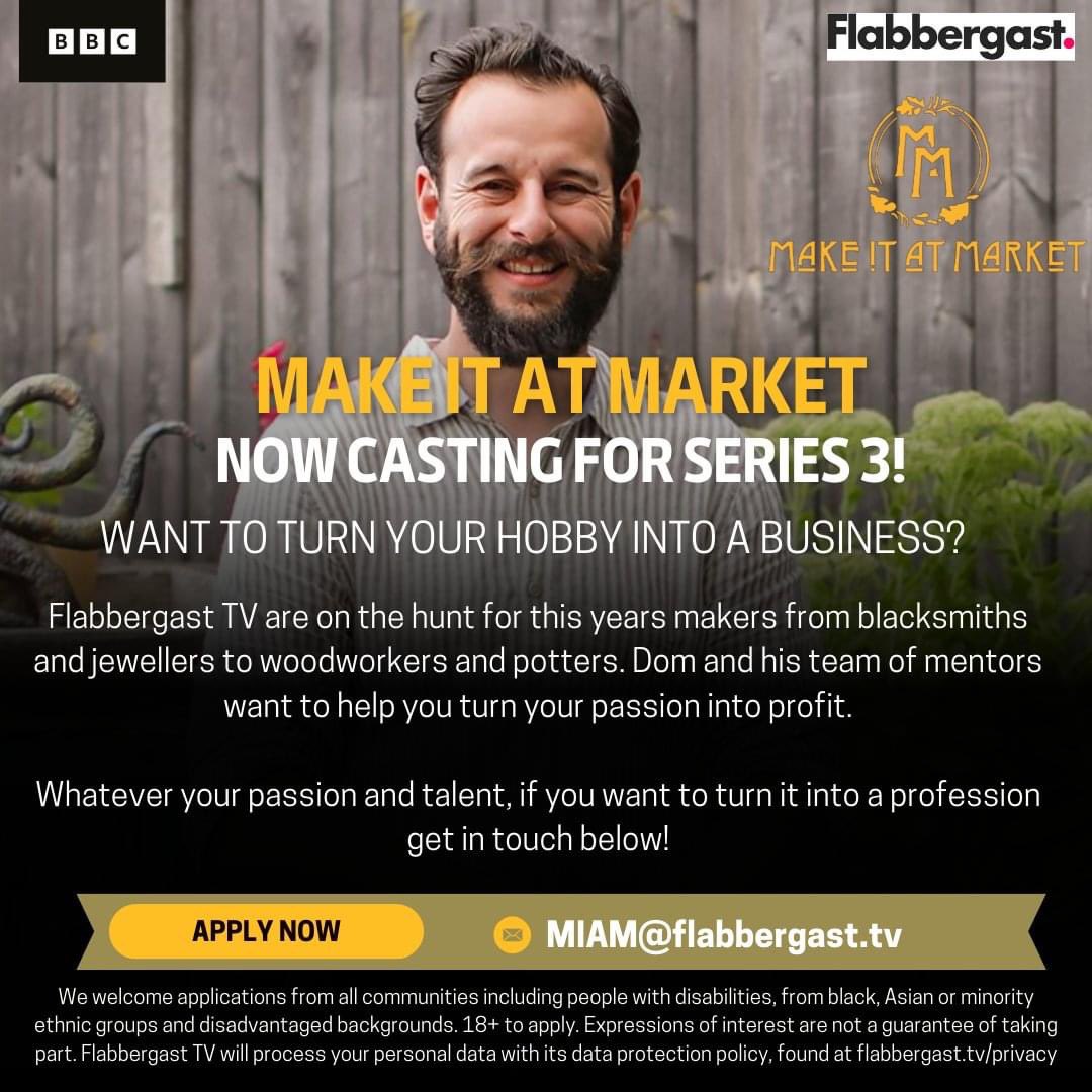 Arts Development, Ribble Valley Borough Council (@rvbcartsdev) on Twitter photo “We are currently casting a third series of our successful BAFTA nominated BBC 1 programme ‘Make it at Market’ and are on the lookout for passionate artists, crafters and makers who may be interested in being involved. Contact
alysoun.sharpe@flabbergast.tv “We are currently casting a third series of our successful BAFTA nominated BBC 1 programme ‘Make it at Market’ and are on the lookout for passionate artists, crafters and makers who may be interested in being involved. Contact
alysoun.sharpe@flabbergast.tv